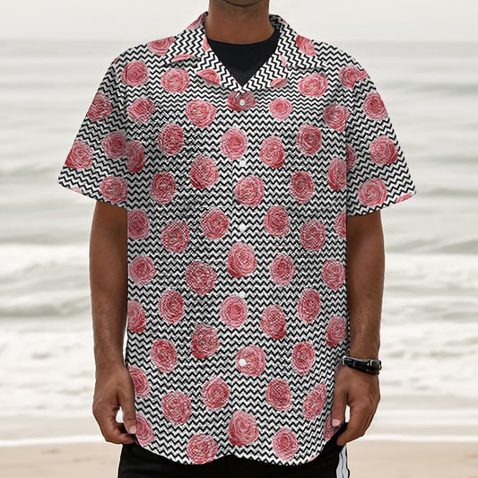 Pink Rose Zigzag Pattern Print Textured Short Sleeve Shirt