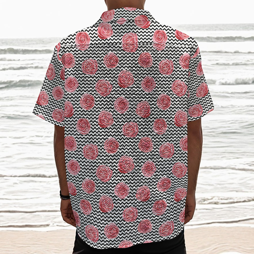 Pink Rose Zigzag Pattern Print Textured Short Sleeve Shirt