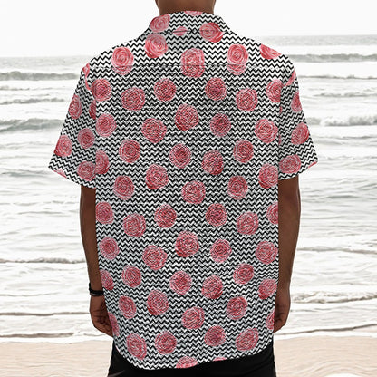 Pink Rose Zigzag Pattern Print Textured Short Sleeve Shirt