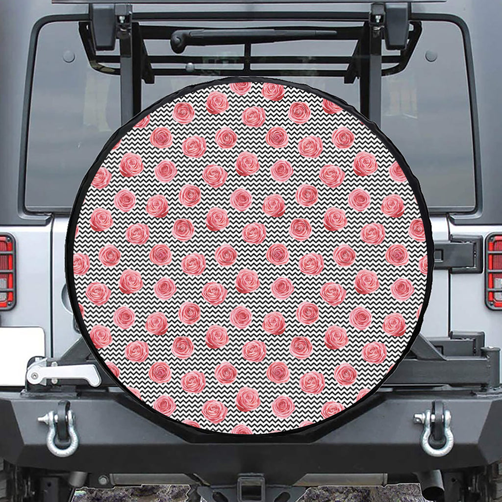 Pink Rose Zigzag Pattern Print Tire Cover