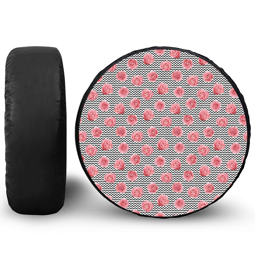 Pink Rose Zigzag Pattern Print Tire Cover