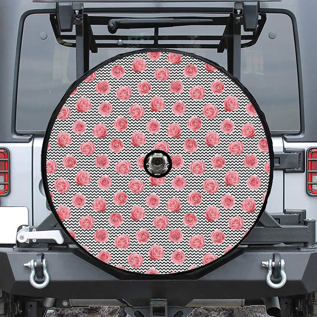 Pink Rose Zigzag Pattern Print Tire Cover With Camera Hole