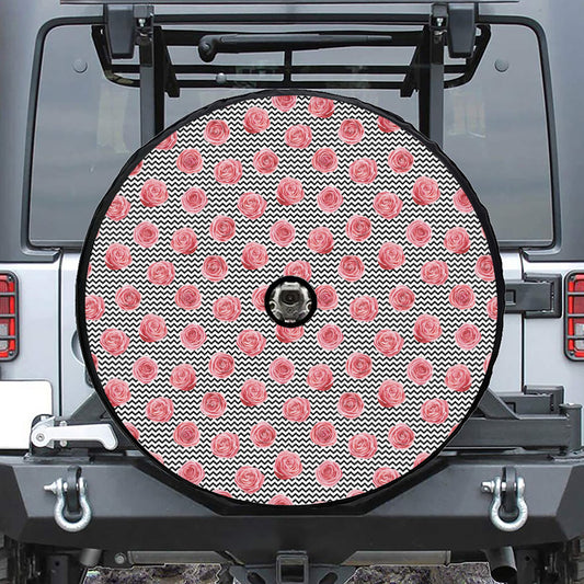 Pink Rose Zigzag Pattern Print Tire Cover With Camera Hole
