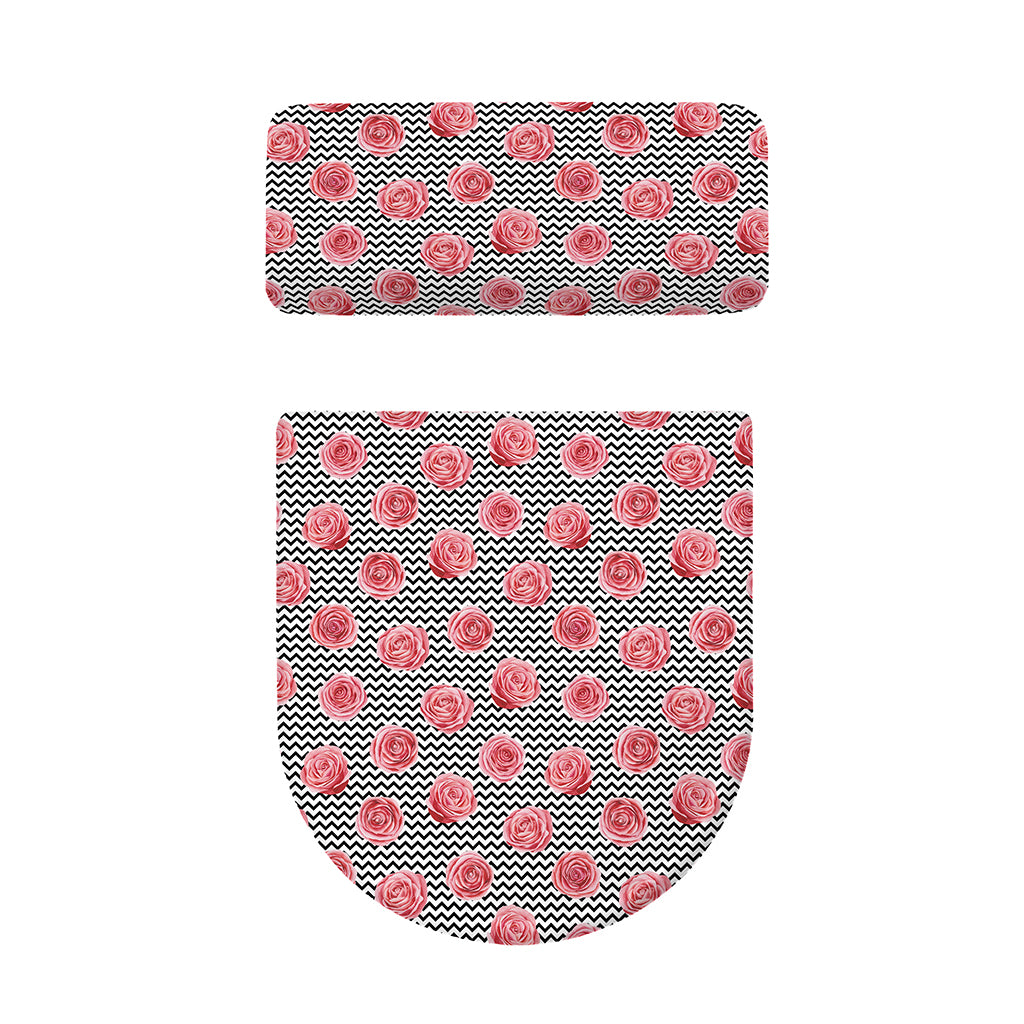 Pink Rose Zigzag Pattern Print Toilet Lid And Tank Cover Set