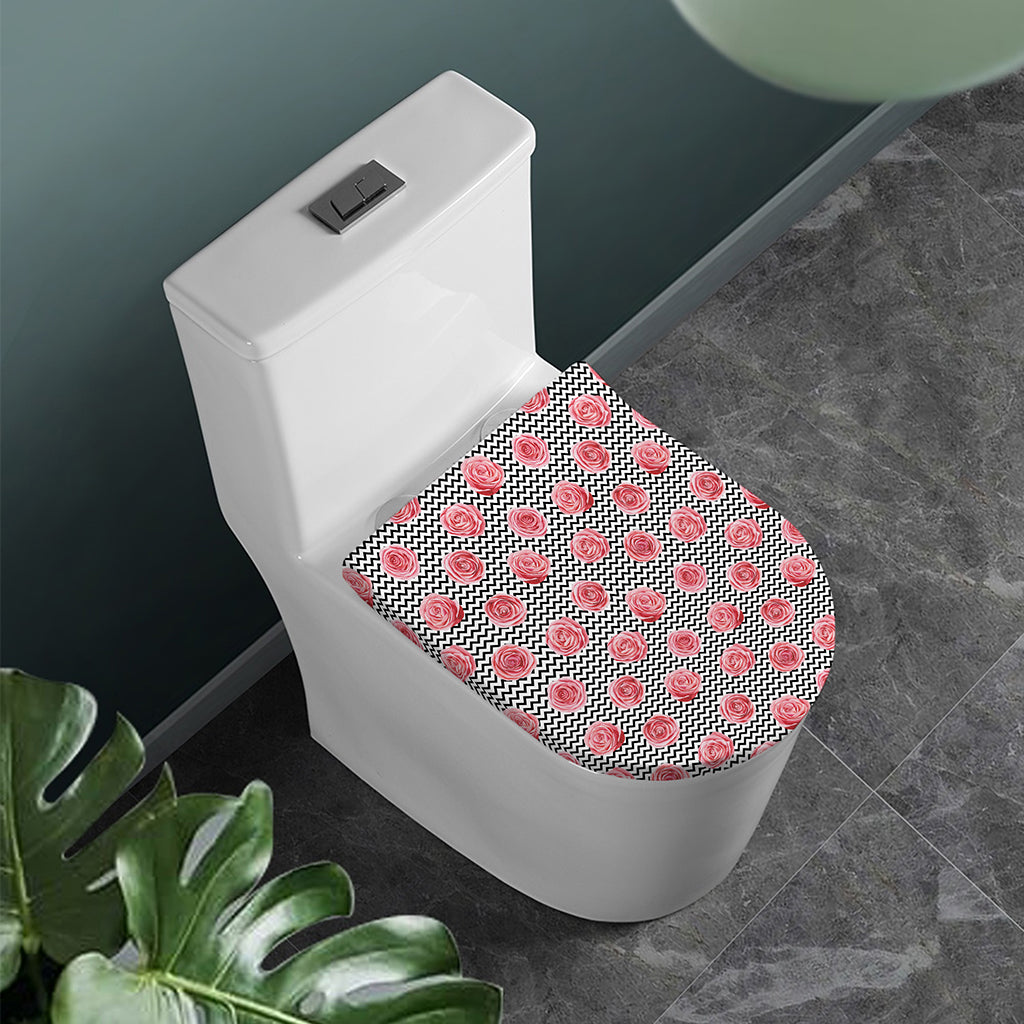Pink Rose Zigzag Pattern Print Toilet Lid Cover