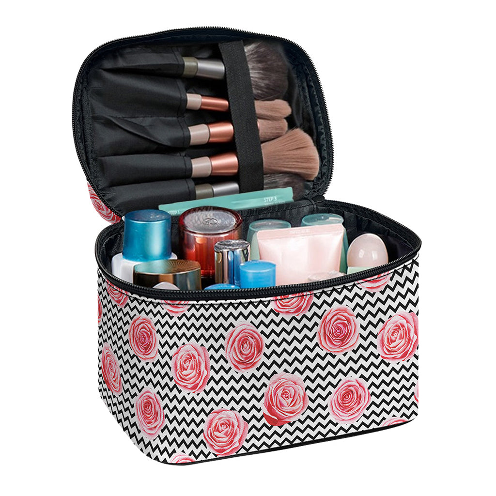 Pink Rose Zigzag Pattern Print Travel Makeup Bag