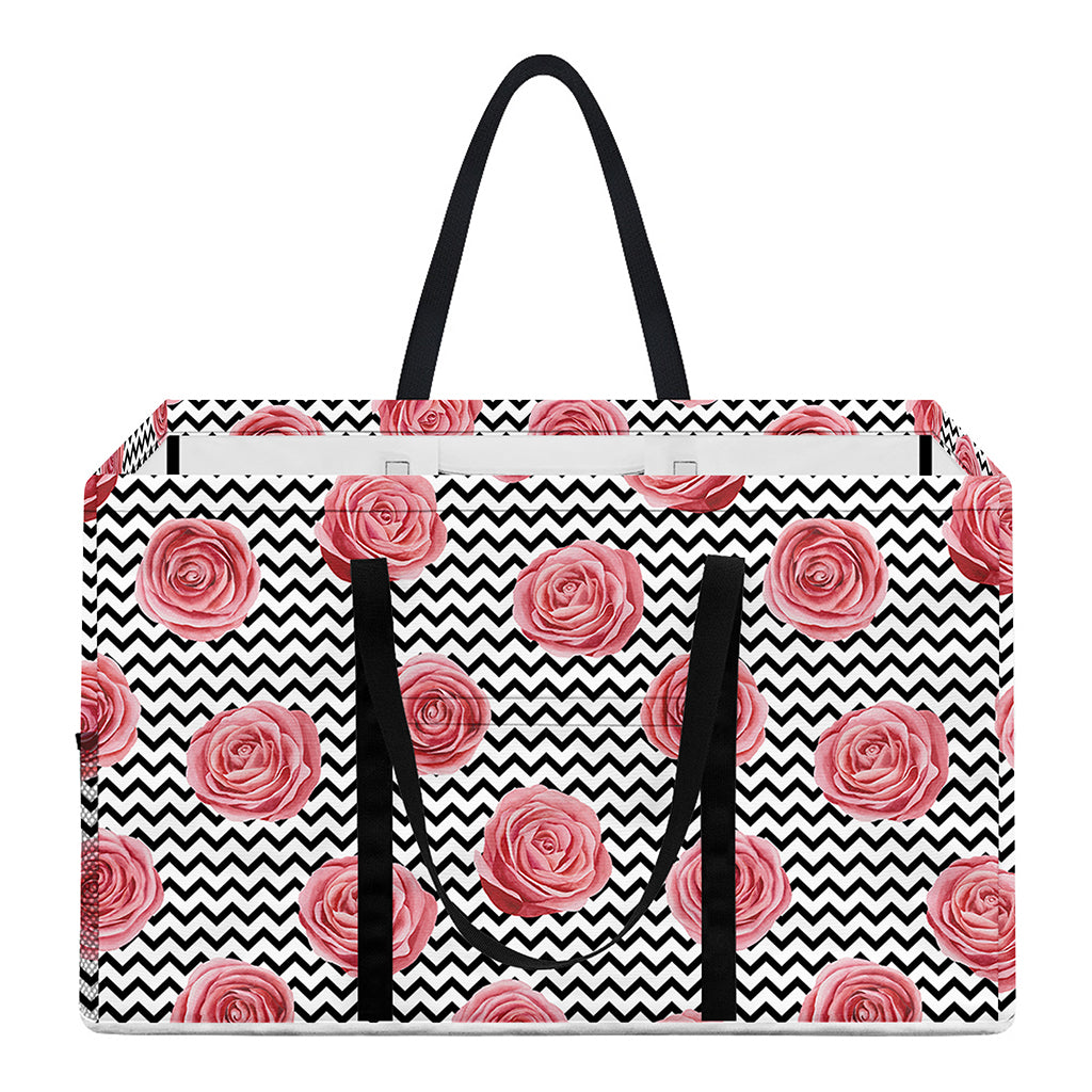 Pink Rose Zigzag Pattern Print Utility Tote Bag