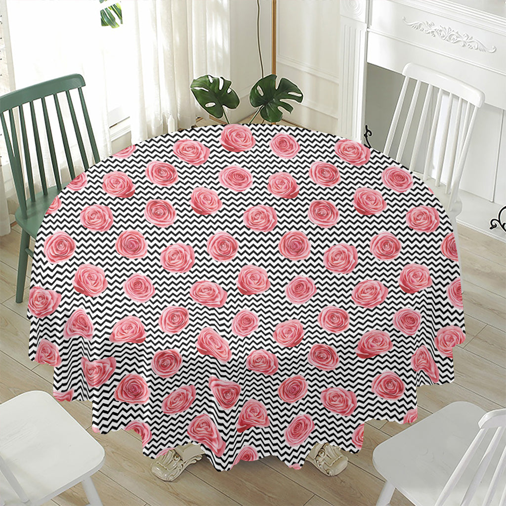 Pink Rose Zigzag Pattern Print Waterproof Round Tablecloth