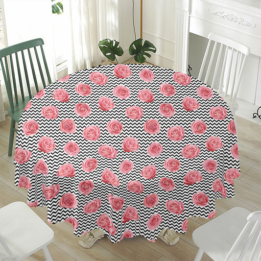 Pink Rose Zigzag Pattern Print Waterproof Round Tablecloth