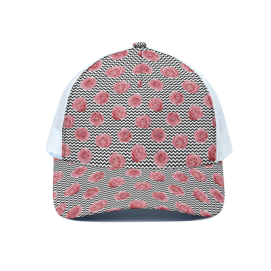 Pink Rose Zigzag Pattern Print White Mesh Trucker Cap