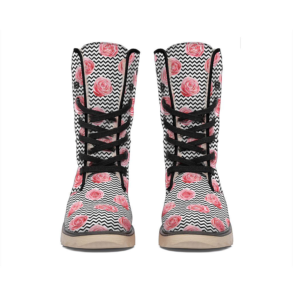 Pink Rose Zigzag Pattern Print Winter Boots