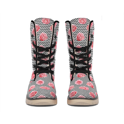 Pink Rose Zigzag Pattern Print Winter Boots