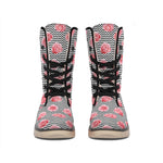 Pink Rose Zigzag Pattern Print Winter Boots