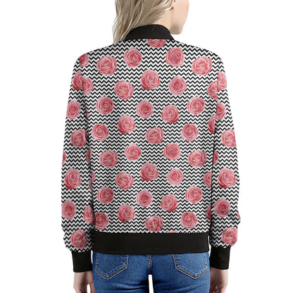 Pink Rose Zigzag Pattern Print Women's Bomber Jacket
