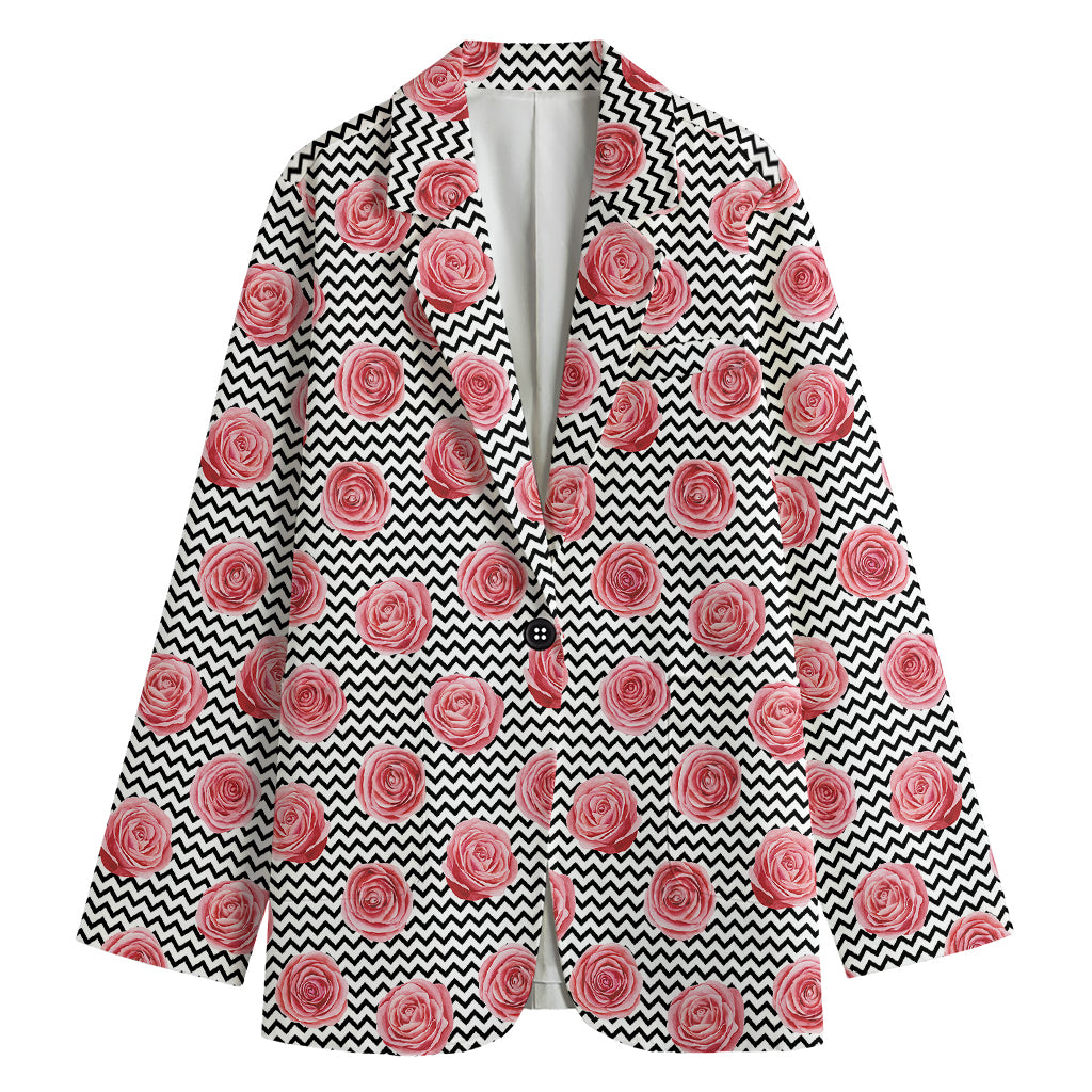 Pink Rose Zigzag Pattern Print Women's Cotton Blazer