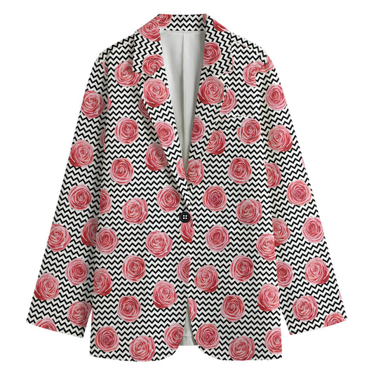 Pink Rose Zigzag Pattern Print Women's Cotton Blazer