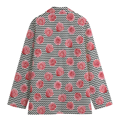 Pink Rose Zigzag Pattern Print Women's Cotton Blazer