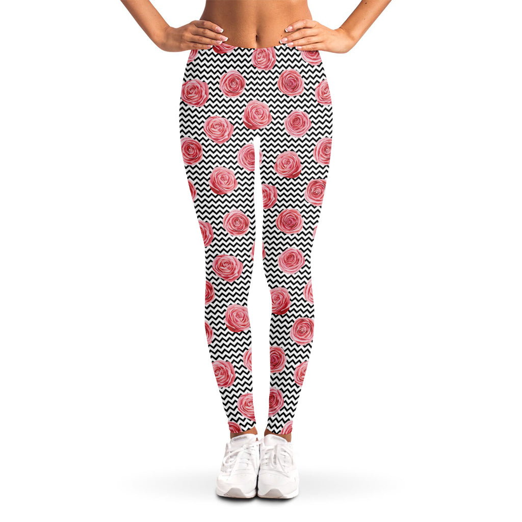 Pink Rose Zigzag Pattern Print Women's Leggings
