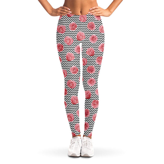 Pink Rose Zigzag Pattern Print Women's Leggings