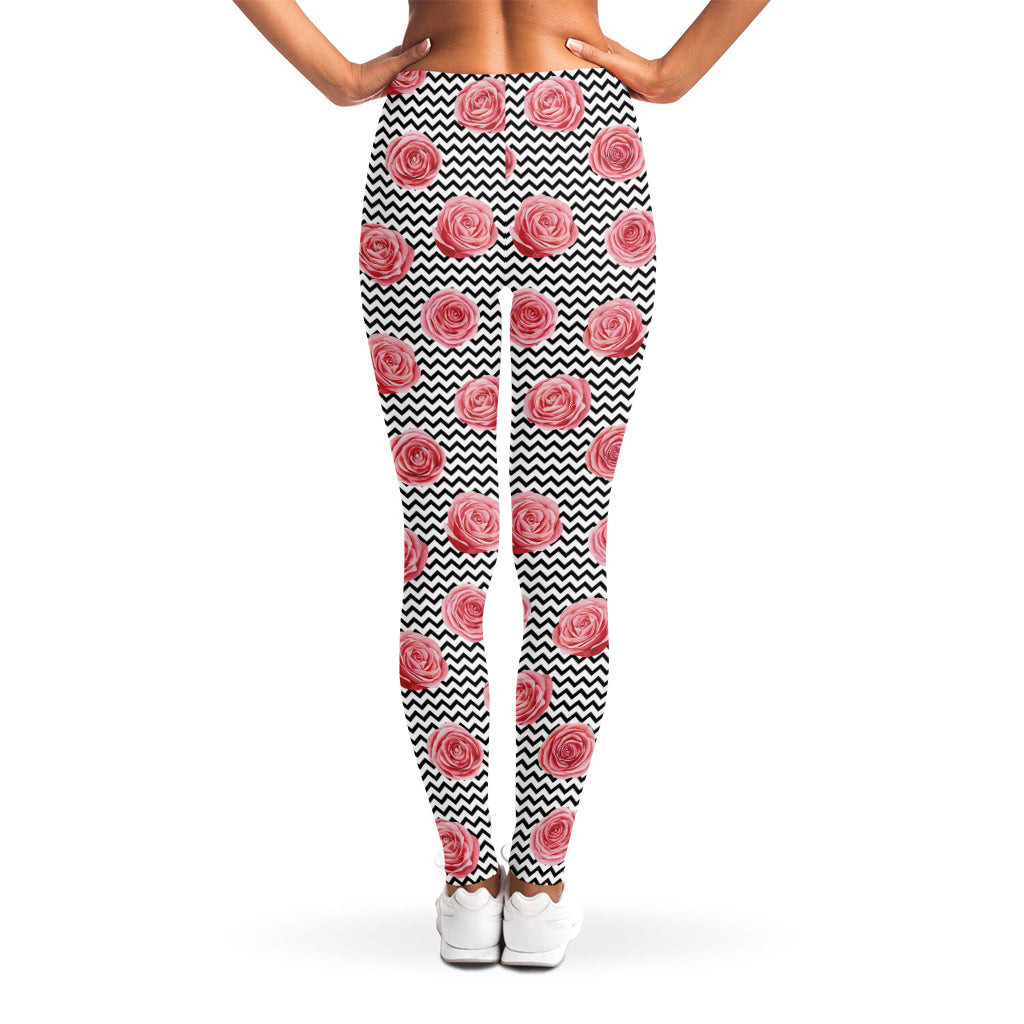 Pink Rose Zigzag Pattern Print Women's Leggings