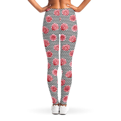 Pink Rose Zigzag Pattern Print Women's Leggings