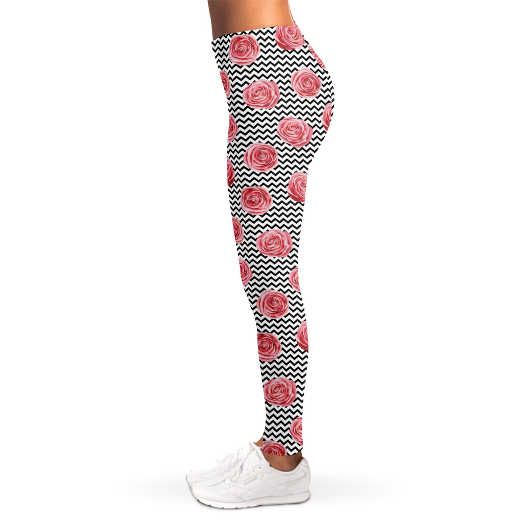 Pink Rose Zigzag Pattern Print Women's Leggings