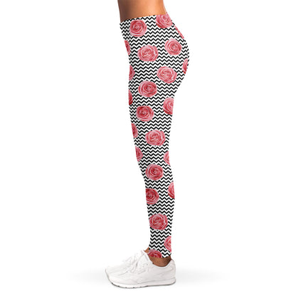 Pink Rose Zigzag Pattern Print Women's Leggings