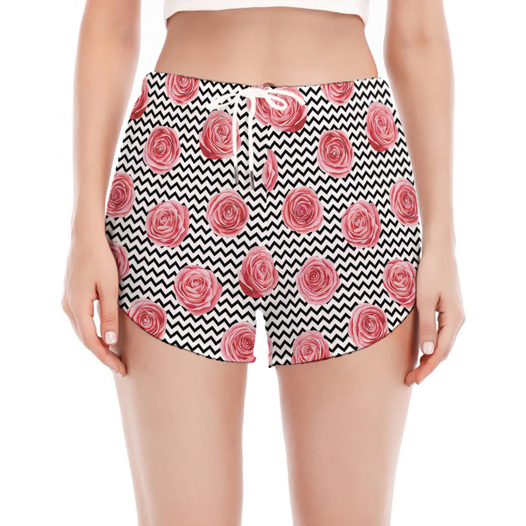 Pink Rose Zigzag Pattern Print Women's Split Running Shorts