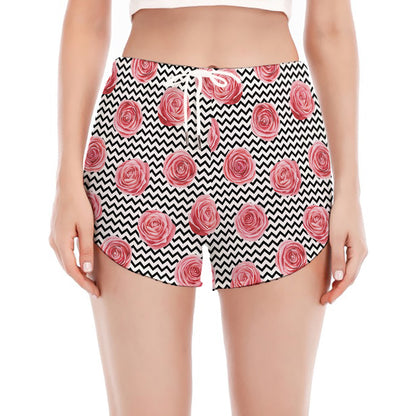 Pink Rose Zigzag Pattern Print Women's Split Running Shorts