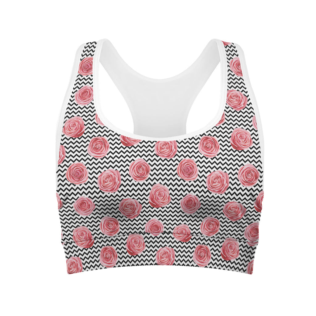 Pink Rose Zigzag Pattern Print Women's Sports Bra