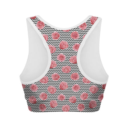 Pink Rose Zigzag Pattern Print Women's Sports Bra