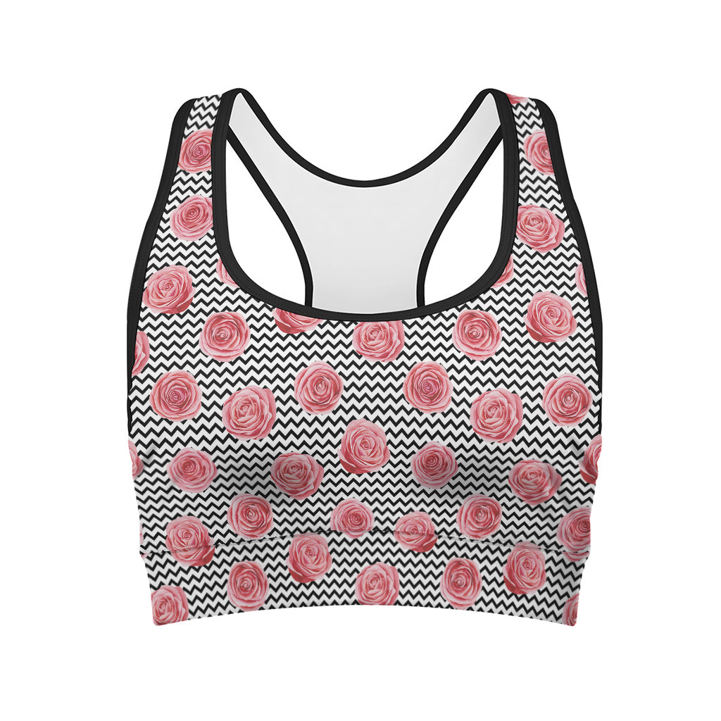 Pink Rose Zigzag Pattern Print Women's Sports Bra