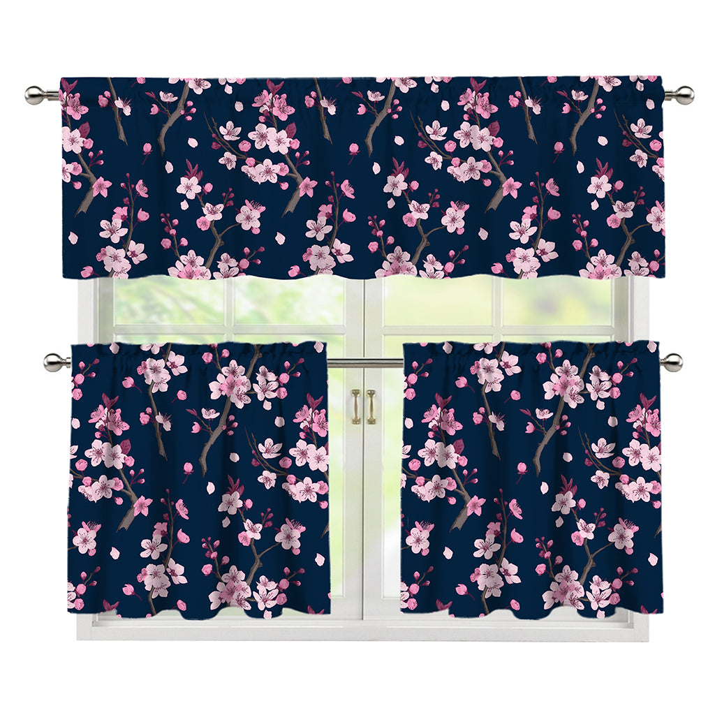 Pink Sakura Cherry Blossom Pattern Print 3 Piece Kitchen Curtains