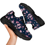 Pink Sakura Cherry Blossom Pattern Print Black Chunky Shoes