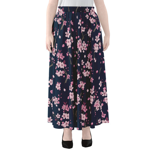 Pink Sakura Cherry Blossom Pattern Print Chiffon Maxi Skirt