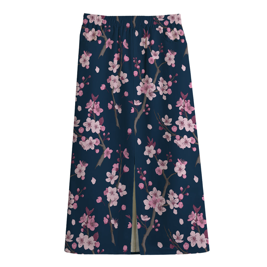 Pink Sakura Cherry Blossom Pattern Print Cotton Front Slit Maxi Skirt