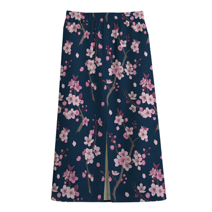Pink Sakura Cherry Blossom Pattern Print Cotton Front Slit Maxi Skirt
