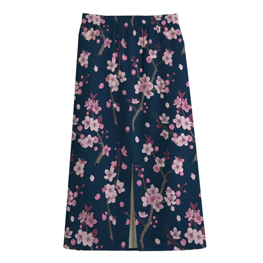 Pink Sakura Cherry Blossom Pattern Print Cotton Front Slit Maxi Skirt