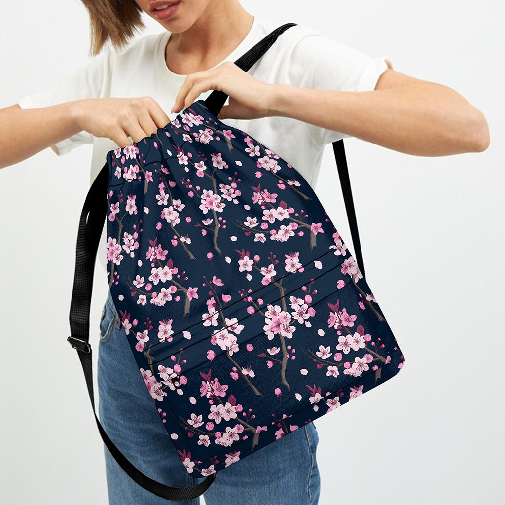 Pink Sakura Cherry Blossom Pattern Print Drawstring Backpack