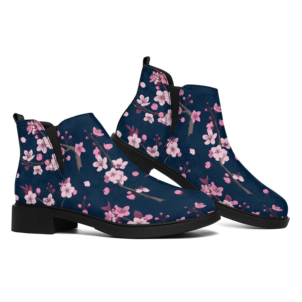 Pink Sakura Cherry Blossom Pattern Print Flat Ankle Boots