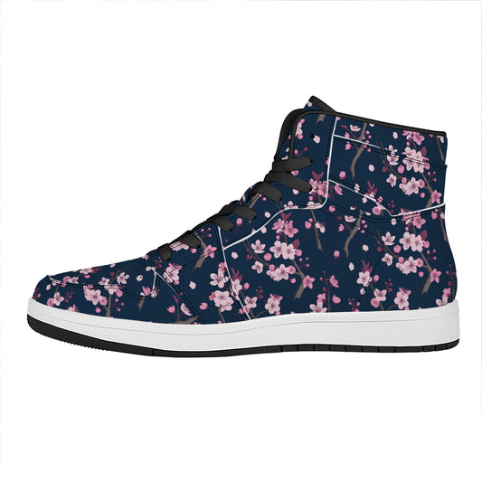 Pink Sakura Cherry Blossom Pattern Print High Top Leather Sneakers