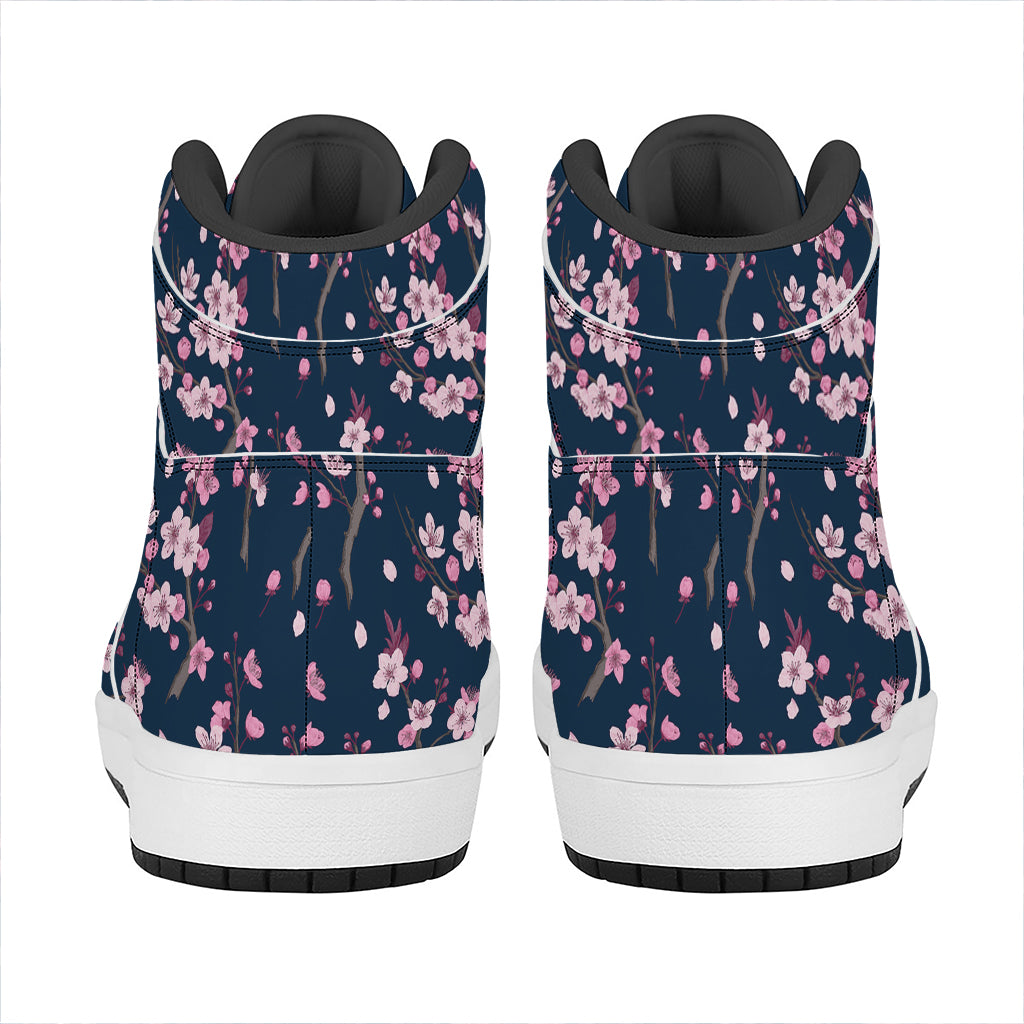 Pink Sakura Cherry Blossom Pattern Print High Top Leather Sneakers