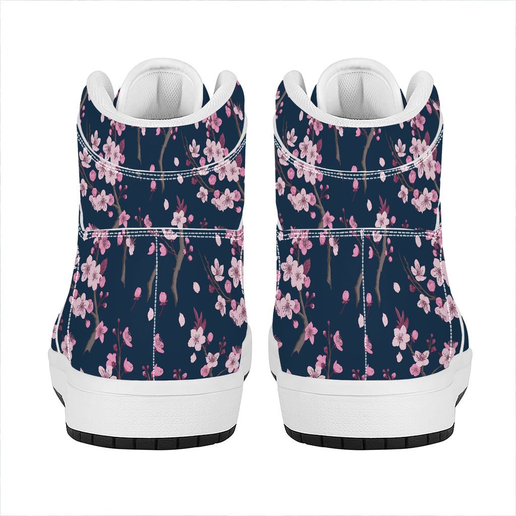 Pink Sakura Cherry Blossom Pattern Print High Top Leather Sneakers