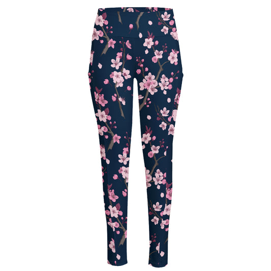 Pink Sakura Cherry Blossom Pattern Print High-Waisted Pocket Leggings