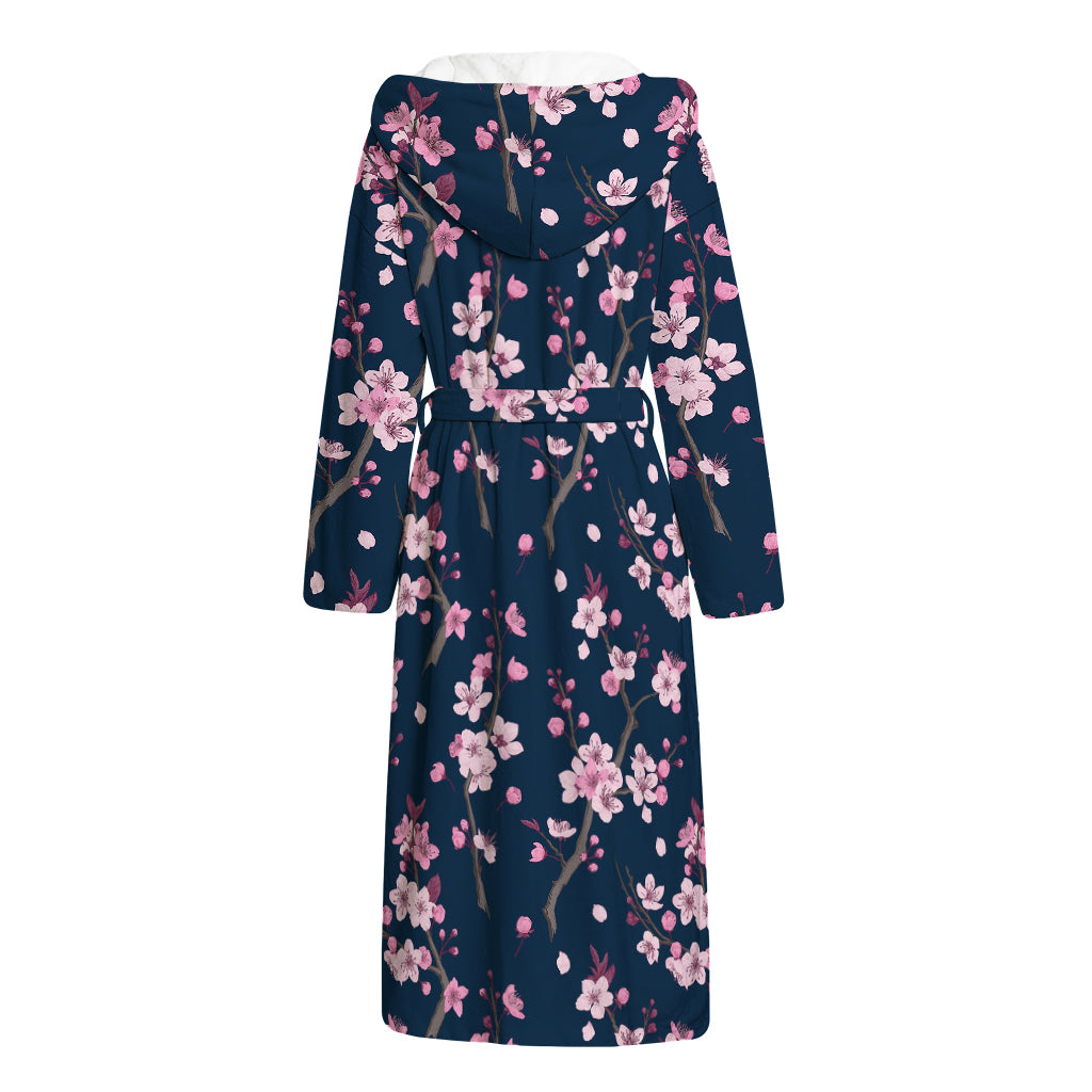 Pink Sakura Cherry Blossom Pattern Print Hooded Bathrobe