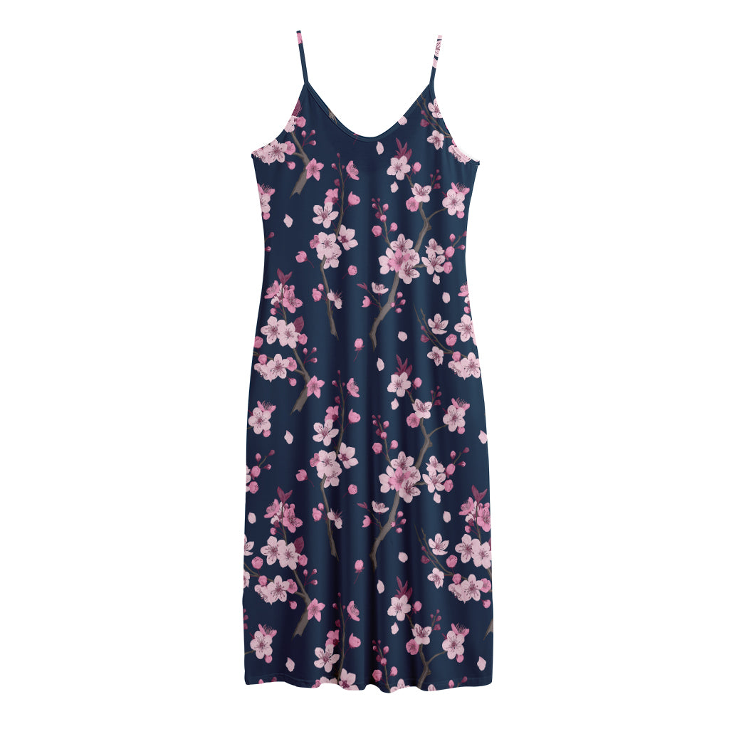 Pink Sakura Cherry Blossom Pattern Print Jersey Midi Cami Dress