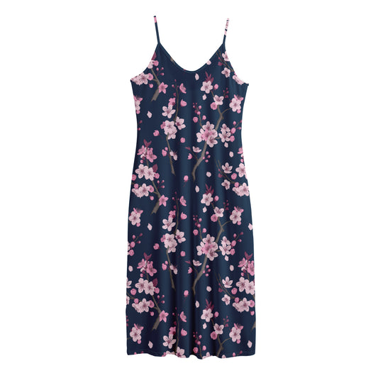 Pink Sakura Cherry Blossom Pattern Print Jersey Midi Cami Dress