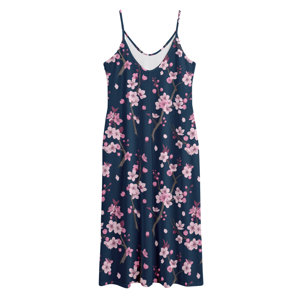Pink Sakura Cherry Blossom Pattern Print Jersey Midi Cami Dress