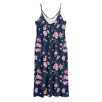 Pink Sakura Cherry Blossom Pattern Print Jersey Midi Cami Dress