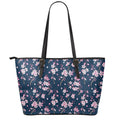 Pink Sakura Cherry Blossom Pattern Print Leather Tote Bag With Zipper